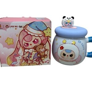 Adorable Blue and White Cartoon Character Mug with Lid